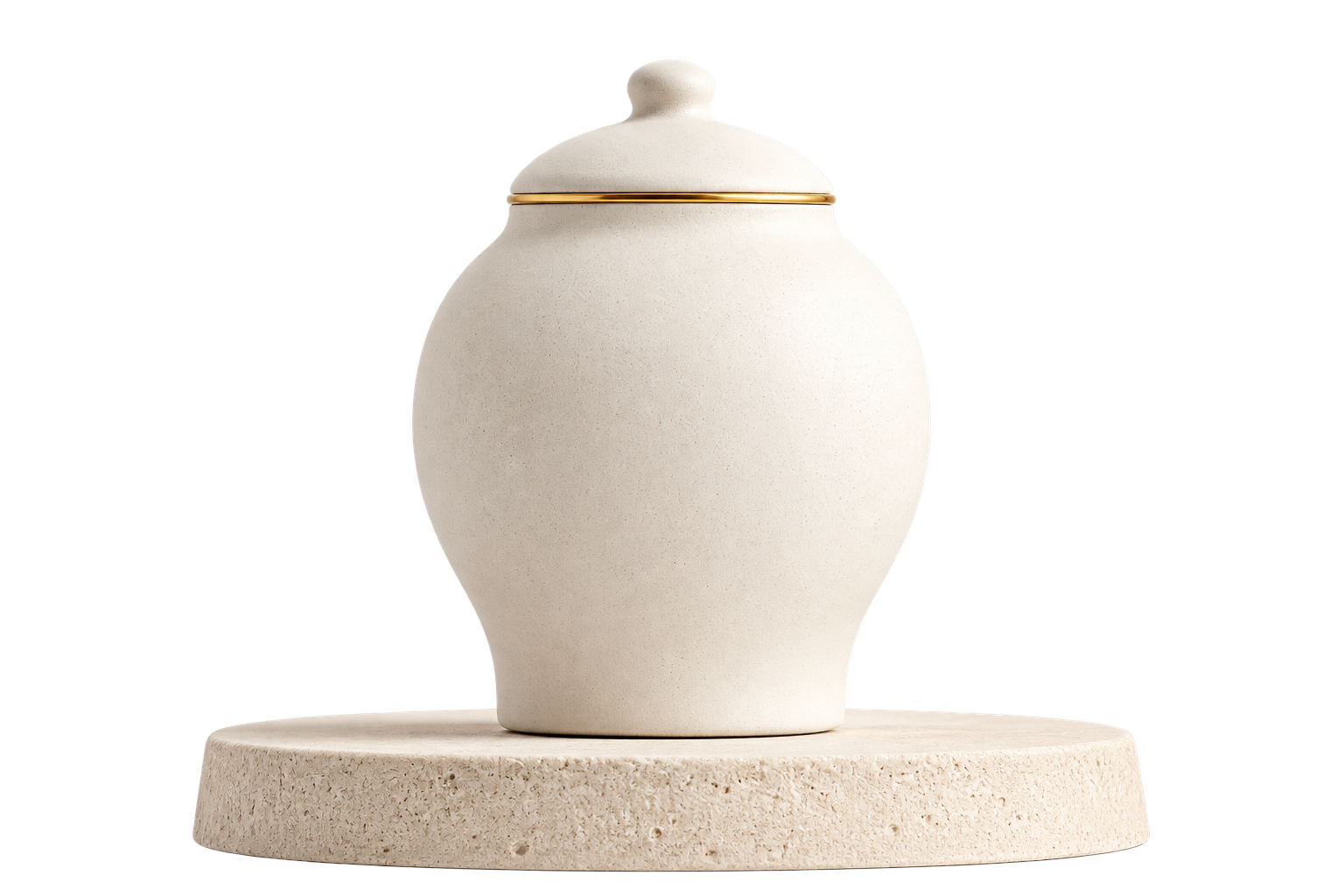 White ceramic pet memorial vessel on a stone pedestal