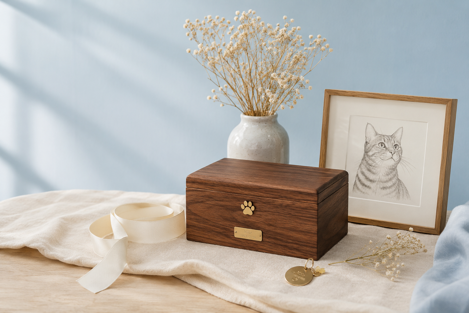 Pet portrait, paw keepsake and linen memory book